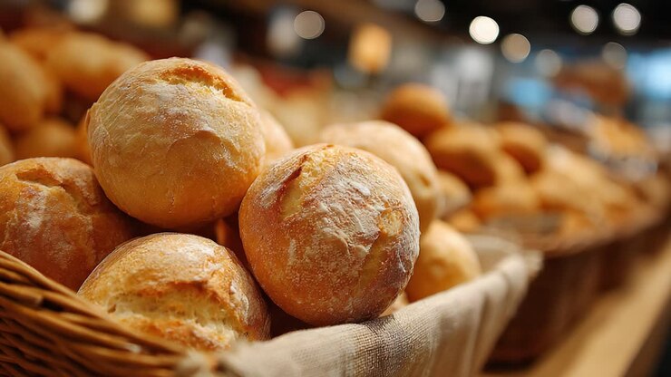 Freshly Baked Bread Rolls in a Basket, Showcasing Their Golden Brown Crust and Soft Interior Surrounded by More Baked Goods in a Cozy Bakery Setting