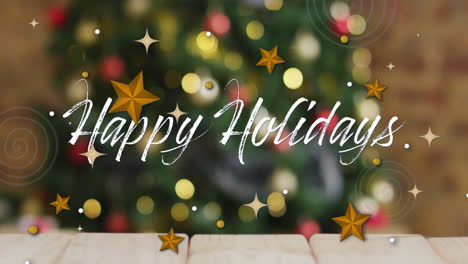 animation of happy holidays text over christmas decorations background