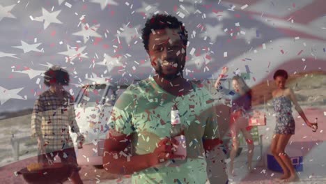 Animation-of-American-flag-waving-confetti-falling-over-multi-ethnic-group-of-friends-having-BBQ