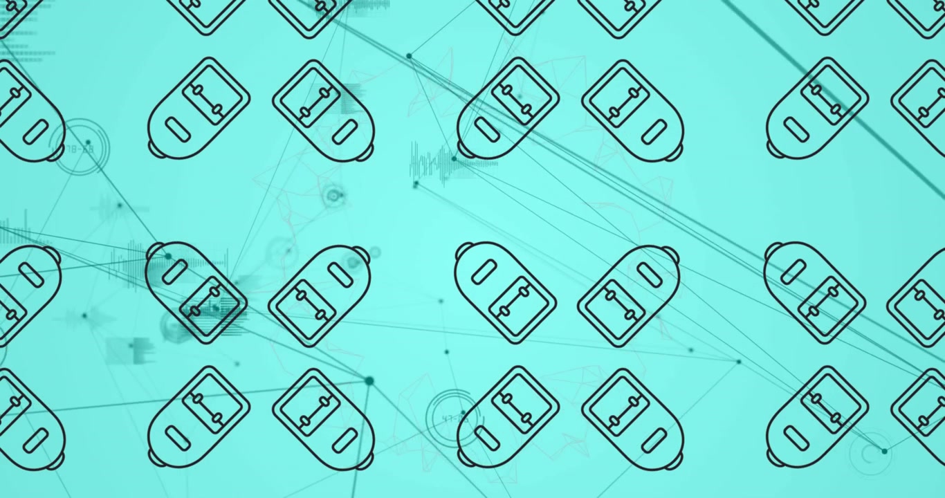 Animasjon av ryggsekkikoner over et nettverk av forbindelser og databehandling på blå bakgrunn.