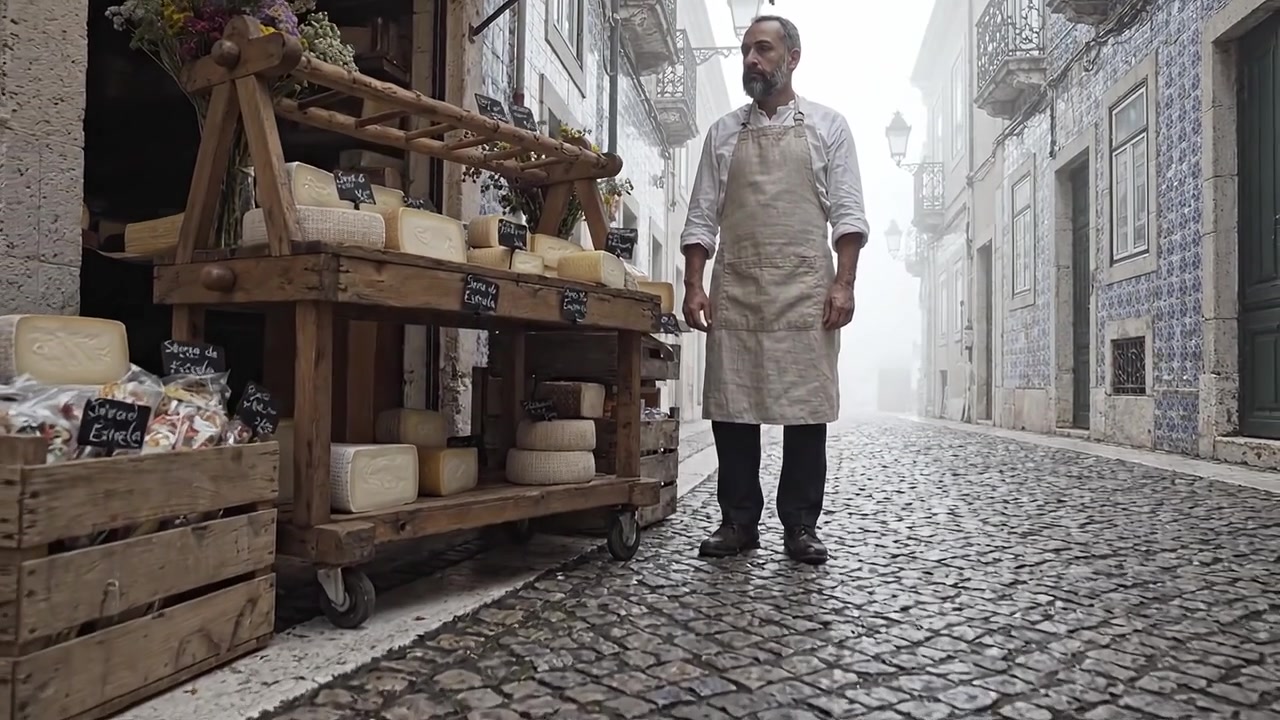 Un formaggiaio artigianale si erge con orgoglio in una nebbiosa strada europea, esponendo una varietà di formaggi fatti a mano e prodotti locali, in un'incantevole atmosfera rustica.