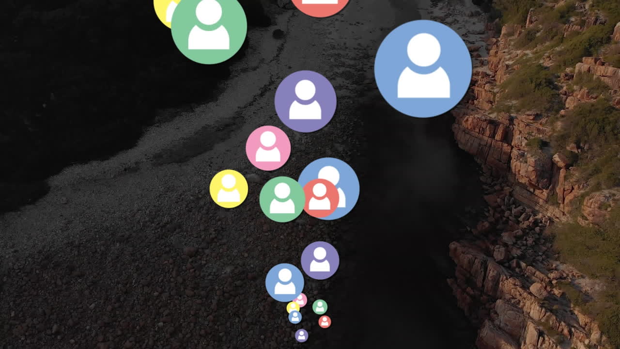 animación de las personas de las redes sociales iconos sobre el paisaje