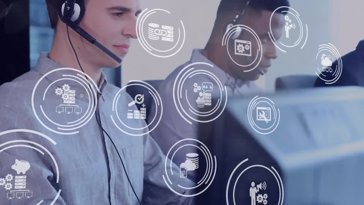 animación de iconos blancos volando sobre hombres trabajando en una oficina