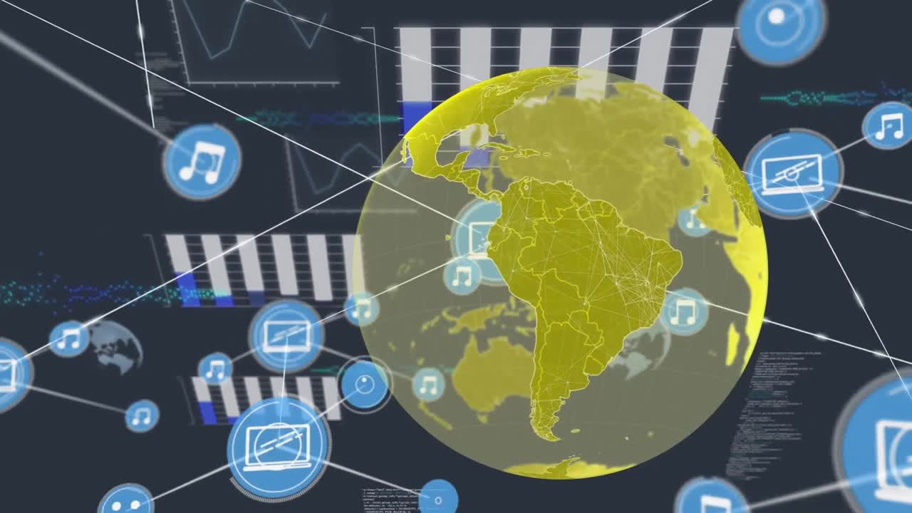 animación del globo, procesamiento de datos y red de conexiones
