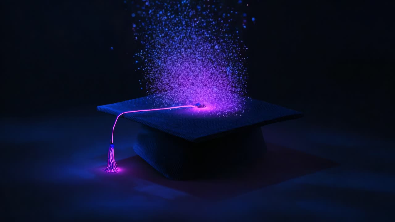 Un'accattivante rappresentazione artistica di un tocco di laurea circondato da particelle magiche, che crea un'atmosfera eterea che simboleggia il successo e il passaggio a una nuova fase della vita