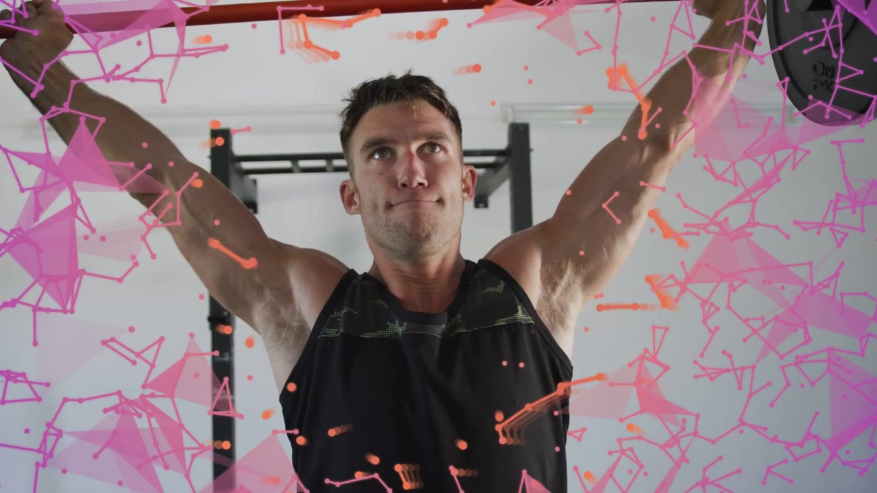 Levantador de pesas masculino sujetando la barra, empujando hacia arriba y bajando las caderas para entrenar, con partículas superpuestas.