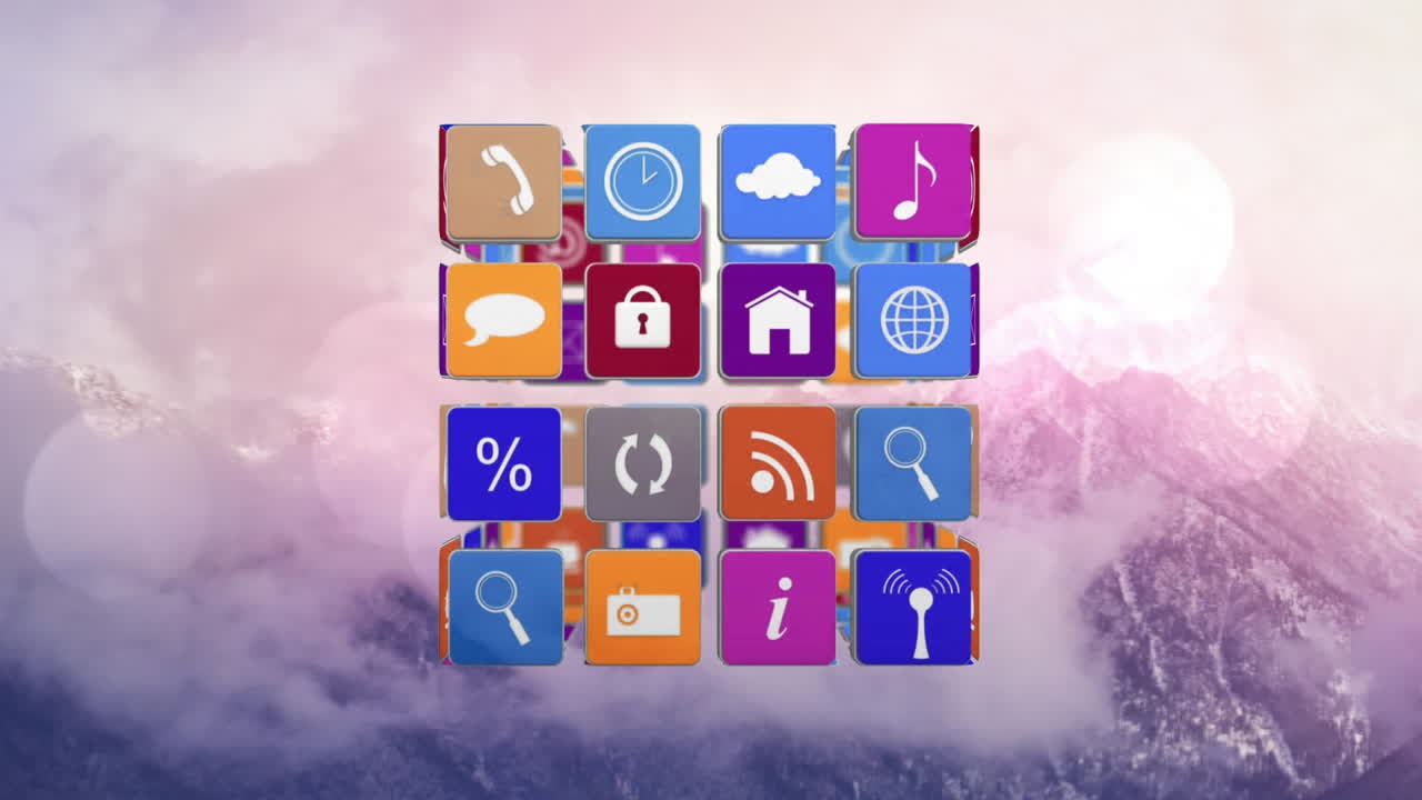 animación de un cubo con iconos digitales flotando sobre el paisaje de la montaña