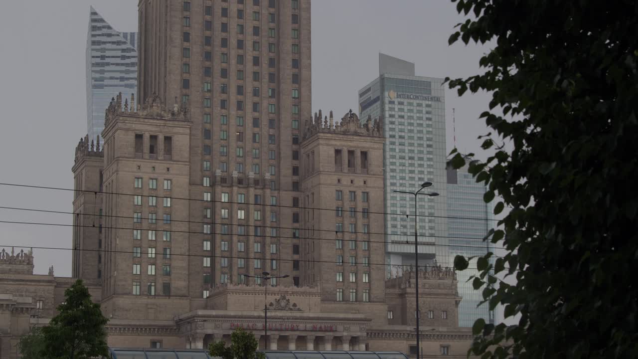 A view of the Palace of Culture and Science with the Złota 44 skyscraper and the InterContinental Hotel in the background in Warsaw