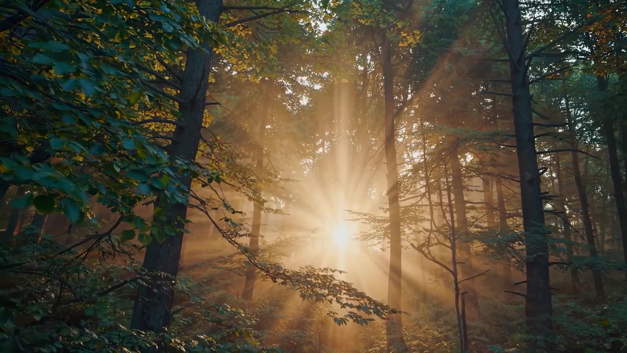 Golden Sunbeams Shining Through Misty Forest Trees