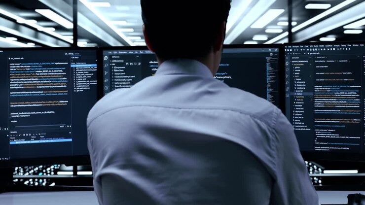 IT professional working on code in data center