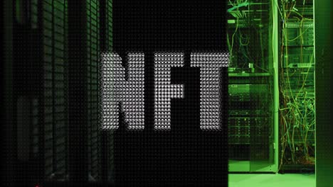 animation of nft text banner floating against computer server room