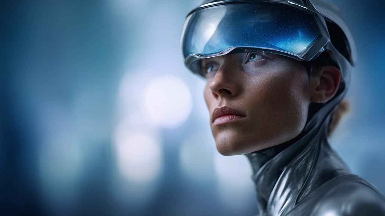 Personaggio cyborg futuristico con casco avanzato e visiera riflettente, che sfoggia un'elegante tuta metallica su uno sfondo sfocato di tecnologia digitale.
