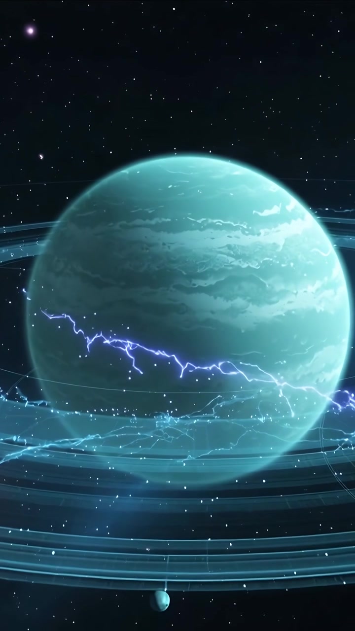 Vertical video: Pulling camera back showing teal gas giant emitting arcs over rings and moon