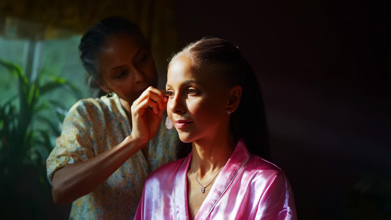 A Heartwarming Moment of Care and Connection: A Woman Gently Styling Her Daughter's Hair in a Warm, Softly Lit Room, Showcasing the Bond Between Generations and the Beauty of Intimacy
