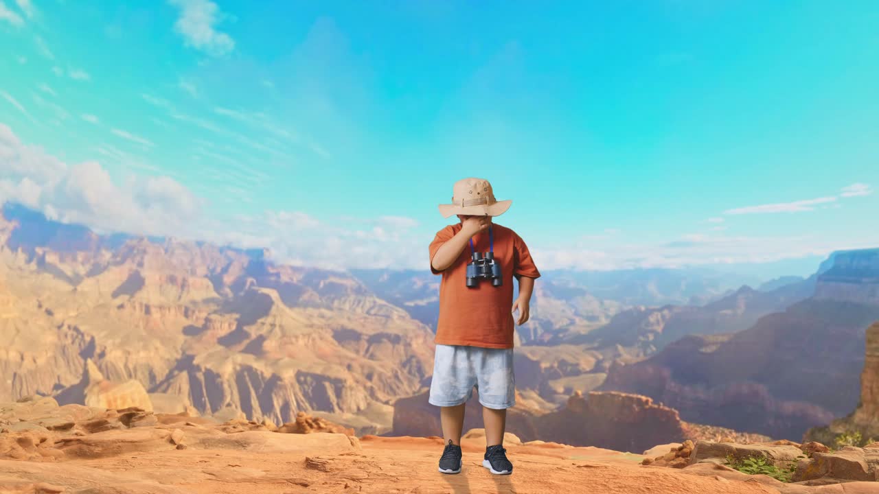 Asian Boy With A Hat Having A Headache After Looking Through The Binoculars. Boy Researcher Examines Something While Traveling At The Top Of Mountain, Travel Tourism Adventure Concept, Full Body