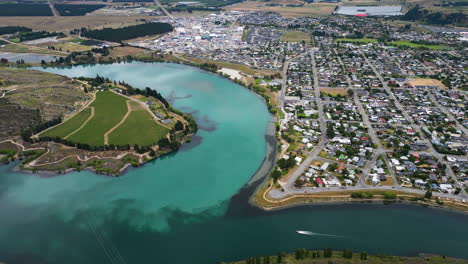 panorama of clutha and kawarau rivers junction in cromwell, new zealand, aerial