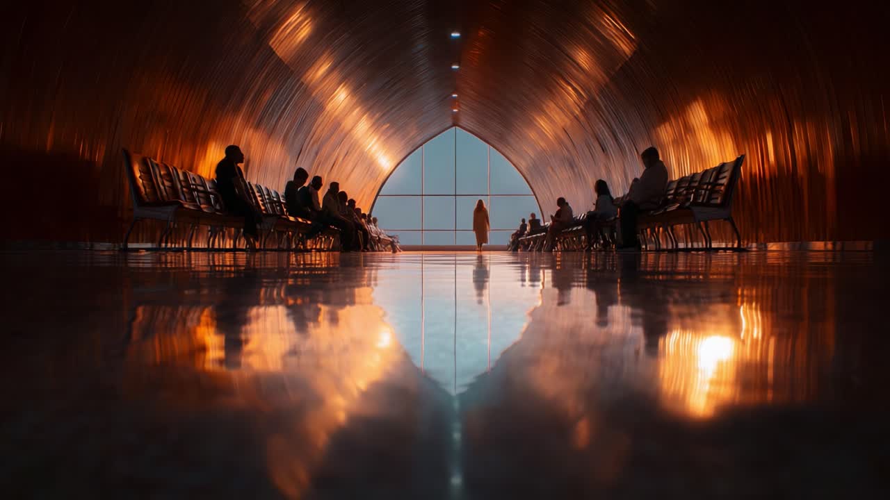 A Captivating Journey Through an Architectural Concourse Highlighting the Interaction of Light and Shadows as Passengers Await Departure in a Modern Space