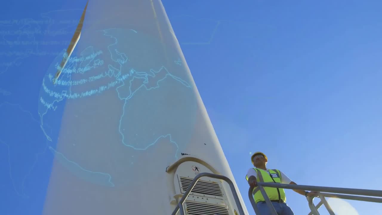 시골에 있는 엔지니어와 풍력 터빈 위의 지구의 애니메이션