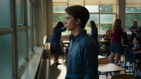 teenage boy looking out window in a school classroom