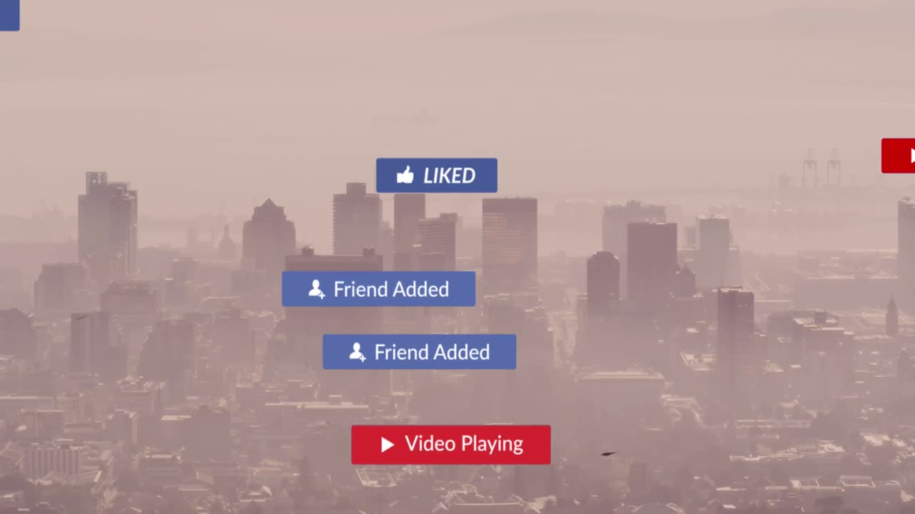 animación de cursores haciendo clic en etiquetas de notificación sobre el paisaje urbano moderno cubierto de niebla.
