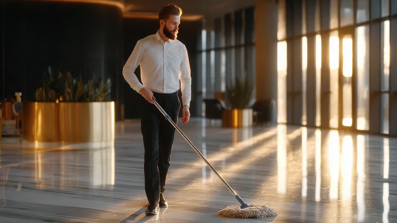 Man Cleaning Floor with Mop in Modern Empty Lobby During Sunset, Highlighting Attention to Detail and Professionalism in Maintenance Work Environment