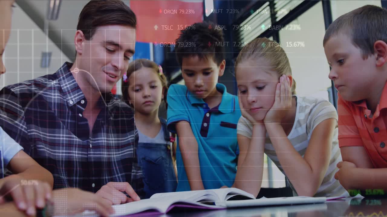 Animation of data processing over caucasian male teacher and school children