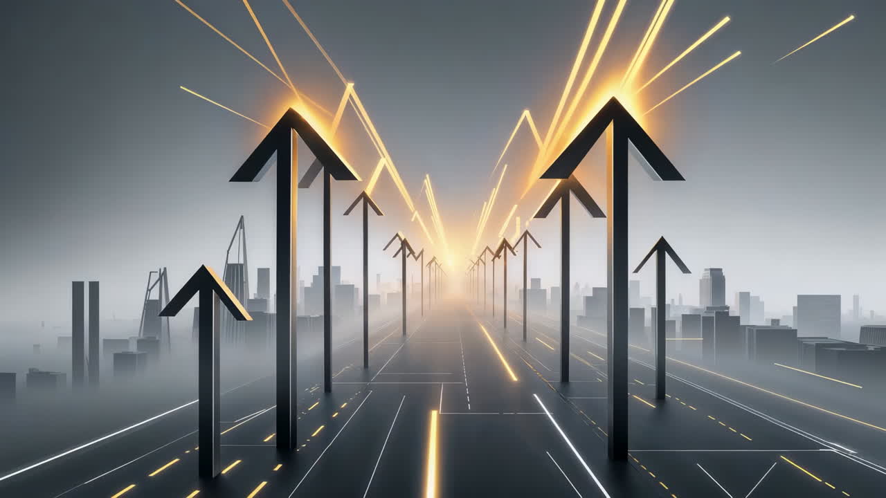 Path to Progress: Upward Arrows in a Futuristic City