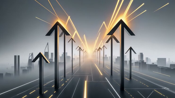 Path to Progress: Upward Arrows in a Futuristic City