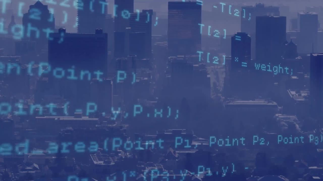 Animation of data processing against aerial view of cityscape