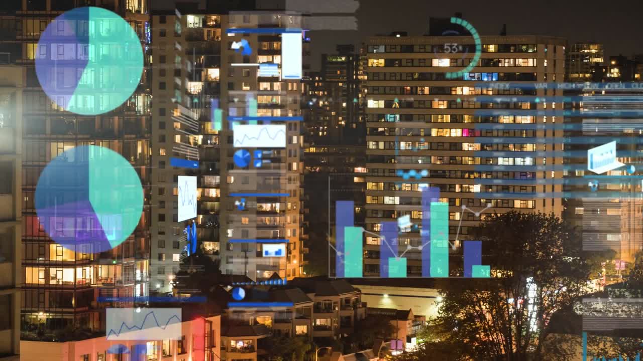 배경에 조명 된 현대 건물 위에 여러 그래프와 로딩 서클의 애니메이션