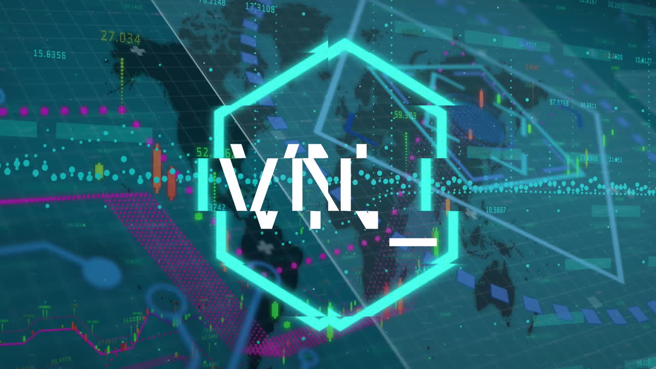 animación del texto de nft en hexágono sobre gráficos con números cambiantes contra el mapa en el fondo.