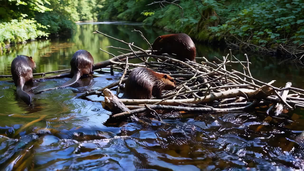 Beavers Building a Lodge in a River