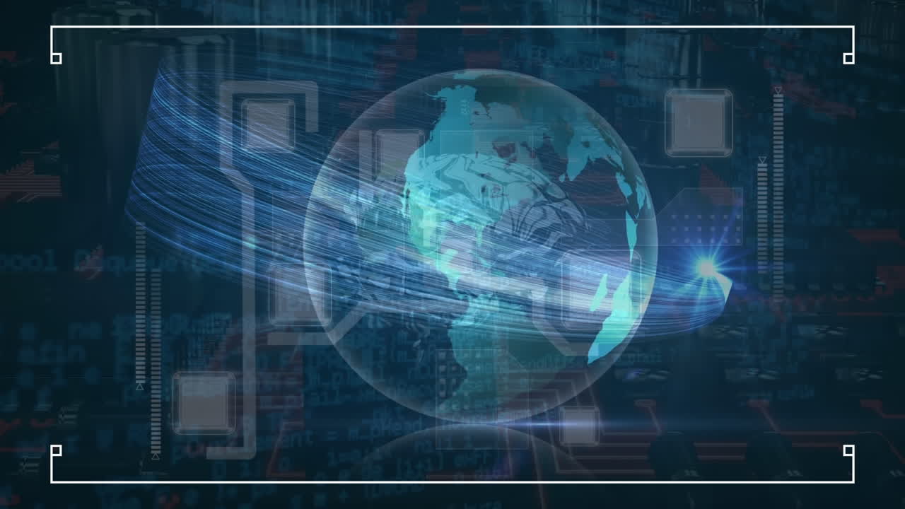 Animation of globe and data processing over computer circuit board