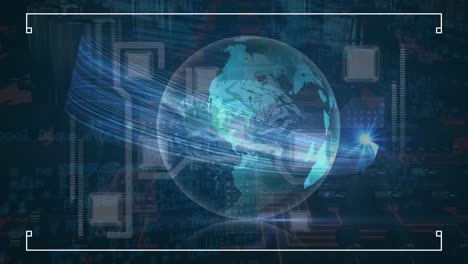 animation of globe and data processing over computer circuit board