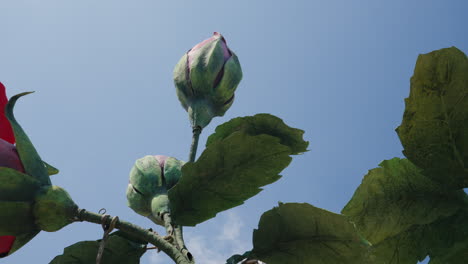 la vista de las hormigas de los enormes brotes de rosas falsos contra un cielo azul claro