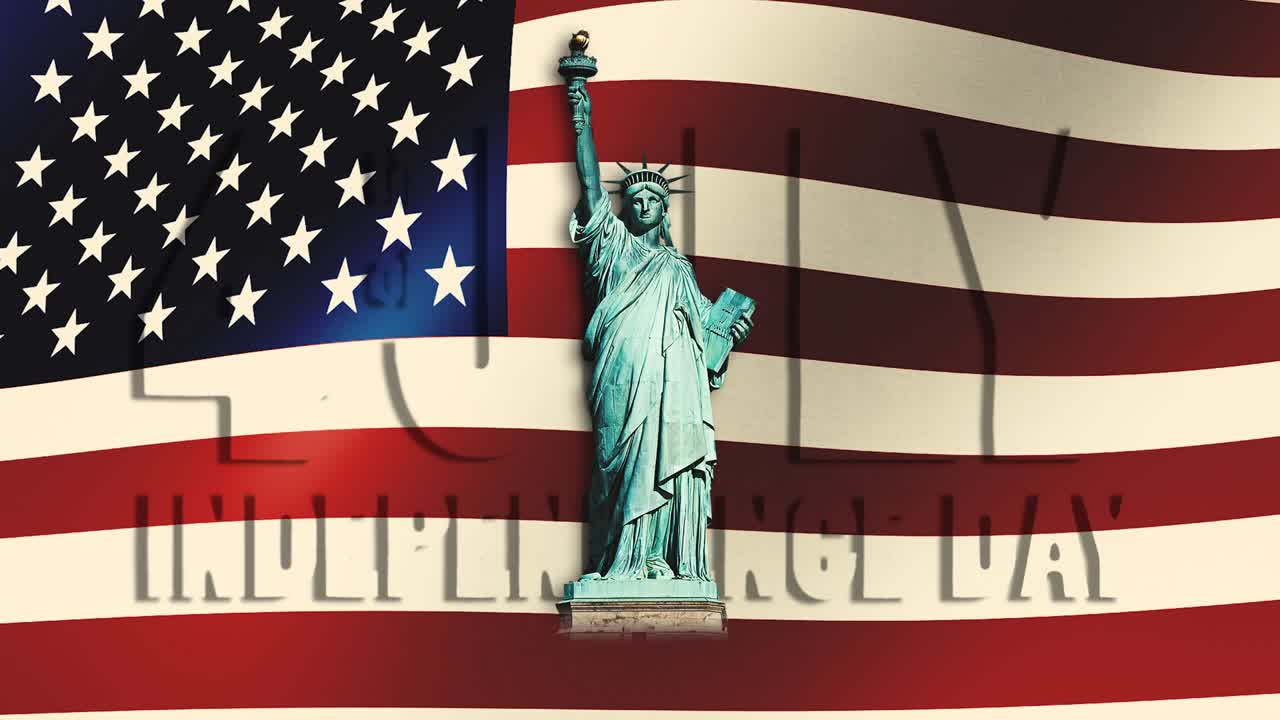 자유의 동상과 문장 - 7월 4일 독립의 날 - 배경에는 흔들리는 미국 발이 있습니다.