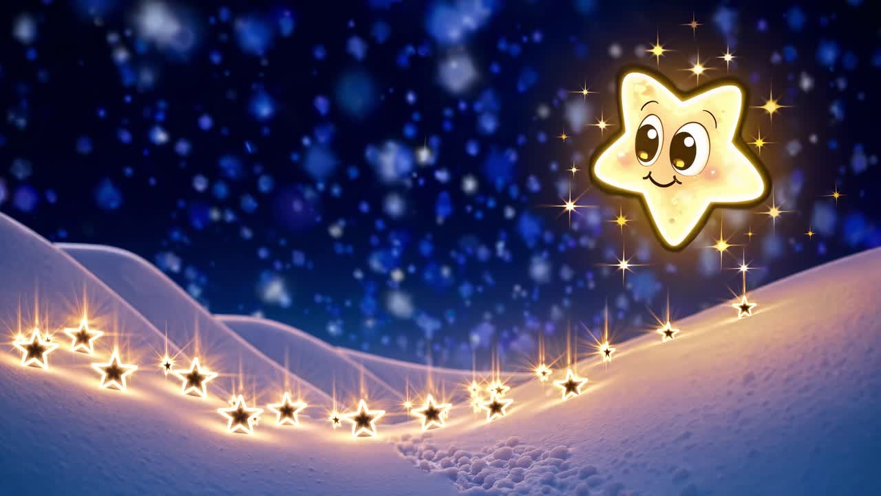 마법의 겨울 저녁, 부드러운 언덕에 부드럽게 내리는 눈, 반이는 별의 흔적에 의해 조명, 귀여운 웃는 별이 머리 위에 떠다니며, 기묘한 꿈 같은 풍경을 만니다.