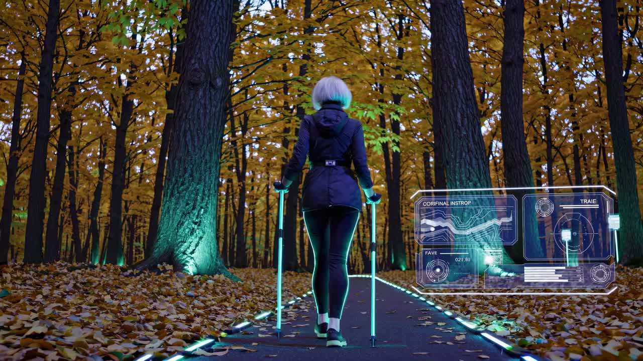 Donna che pratica Nordic Walking in una foresta autunnale futuristica