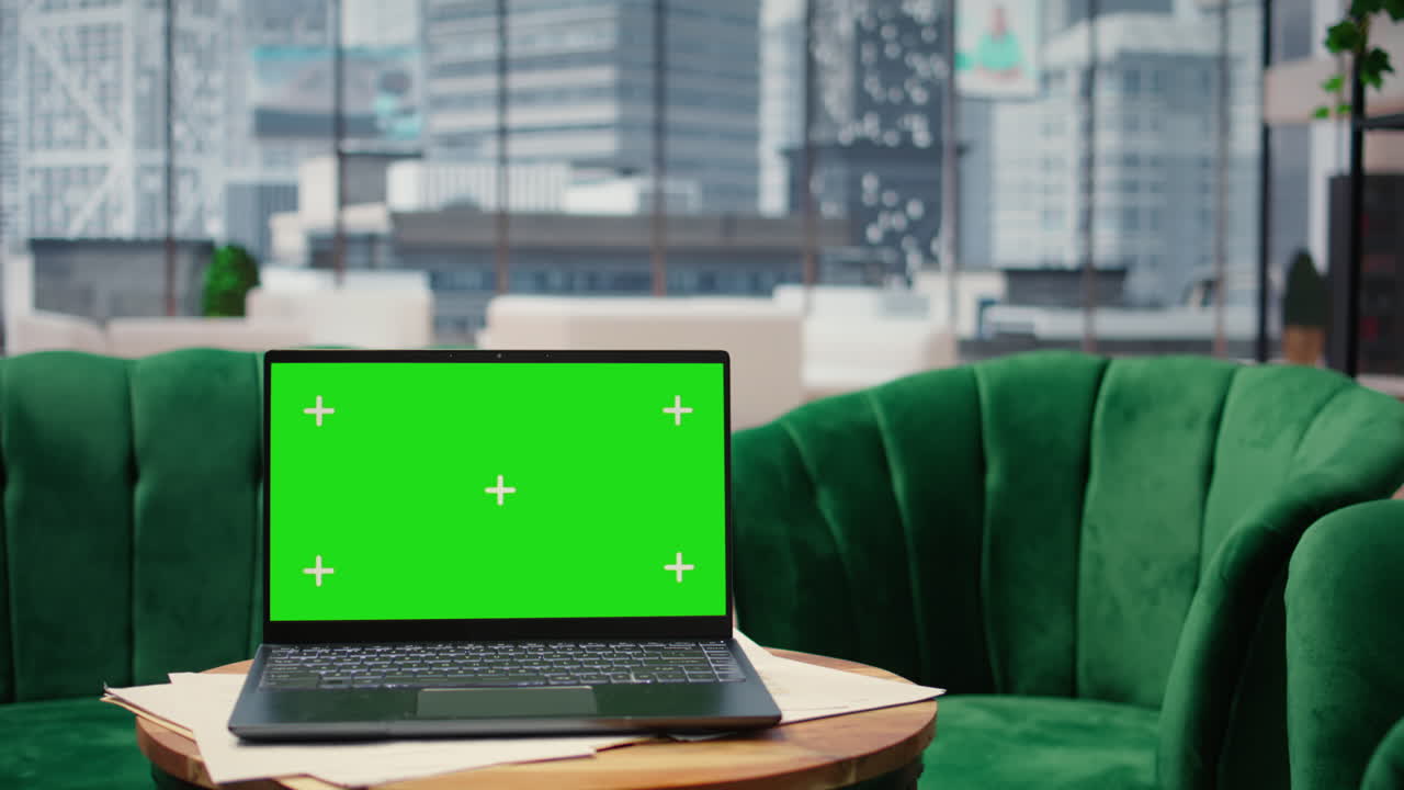 Empty modern workspace with a laptop showcasing copy space on the table
