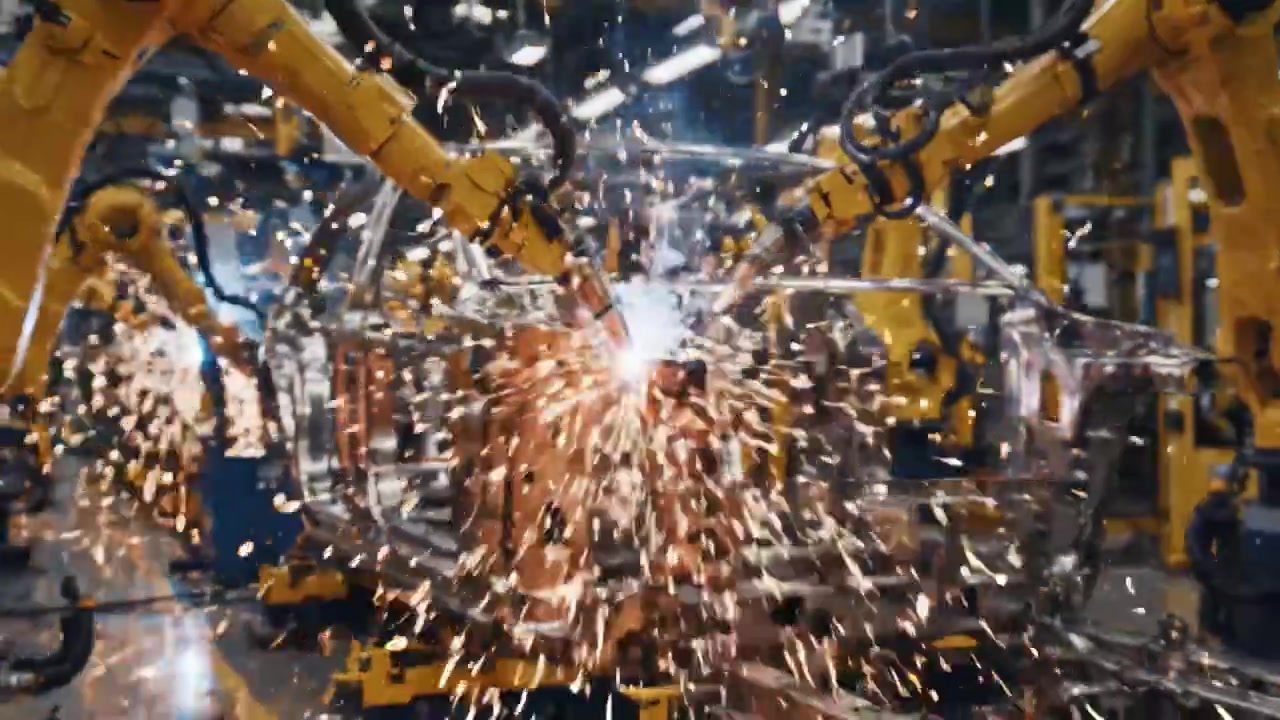 Automated Metal Fabrication: Showcasing the High-Tech Process of Robotic Arms Welding and Assembling a Car Frame in a Modern Manufacturing Facility