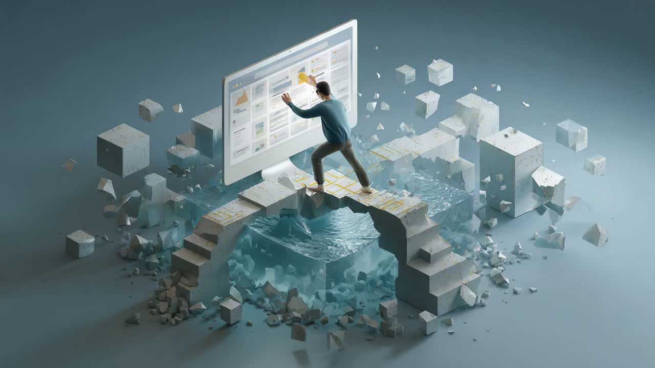 A digital explorer navigates a surreal landscape characterized by fragmented structures and a luminous screen, merging the realms of technology and creativity in a visually striking concept art piece