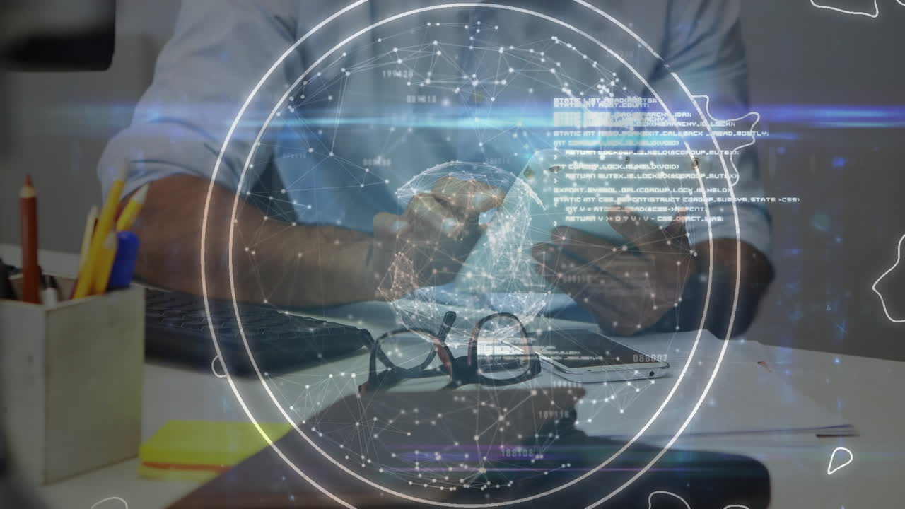 Animation of globe with connections and data processing over businessman using tablet