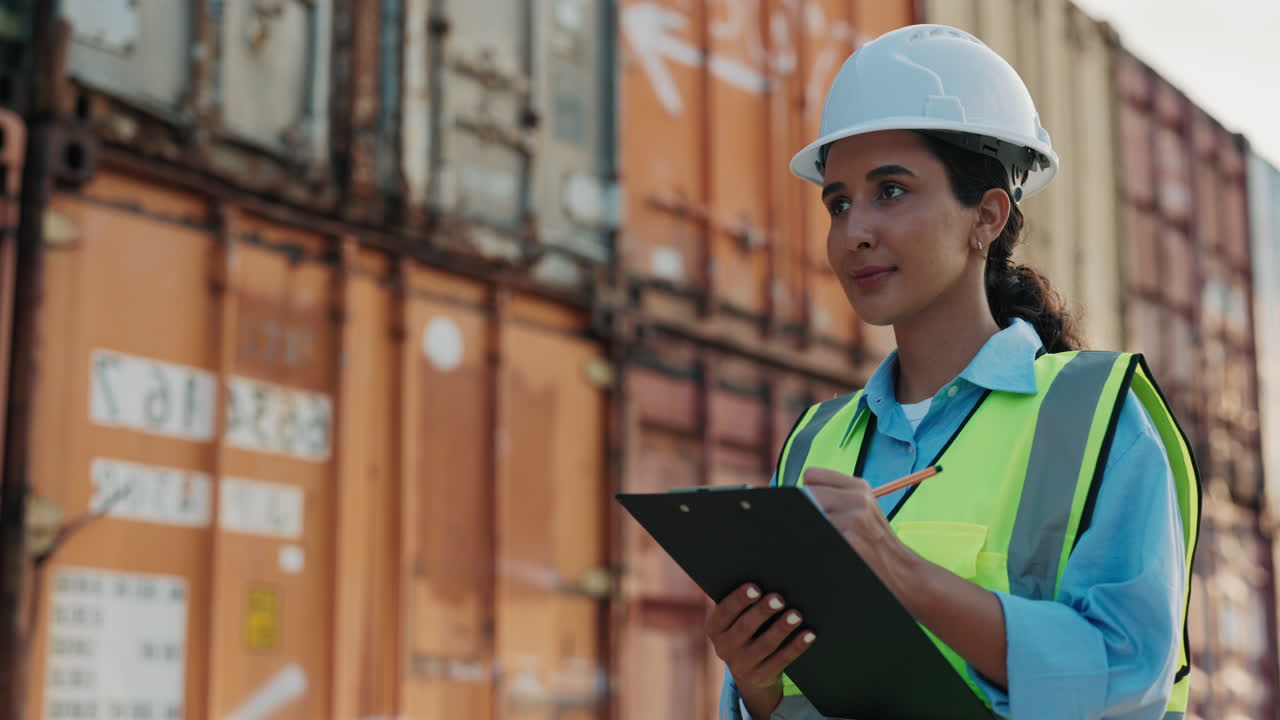 Female worker inspecting shipping containers