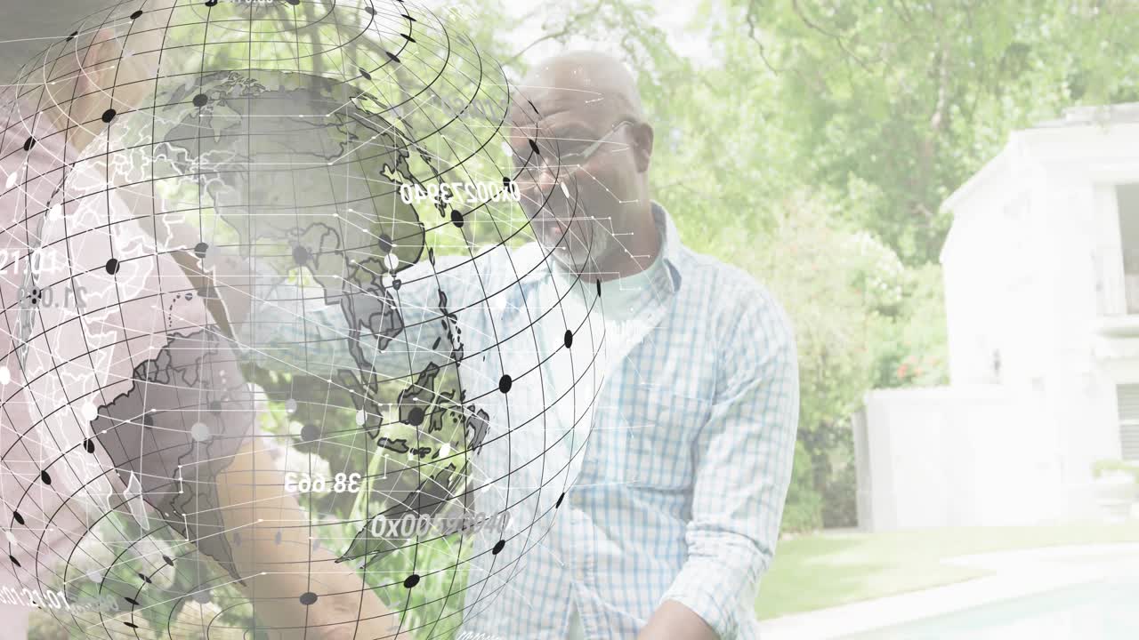 Woman offering grapes for health, man tasting fruit then scrolling smartphone screen, shaking hands