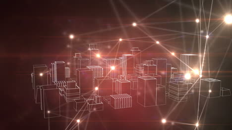 animación de puntos iluminados que se conectan con líneas sobre el paisaje urbano moderno giratorio