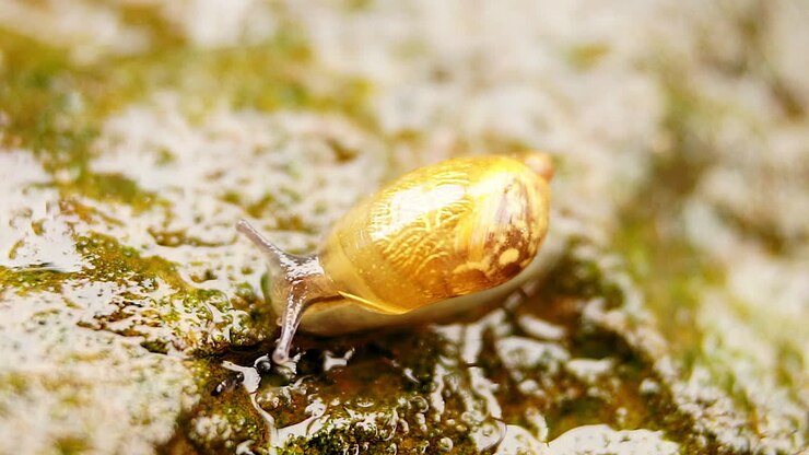 A snail glides across an algae-covered rock