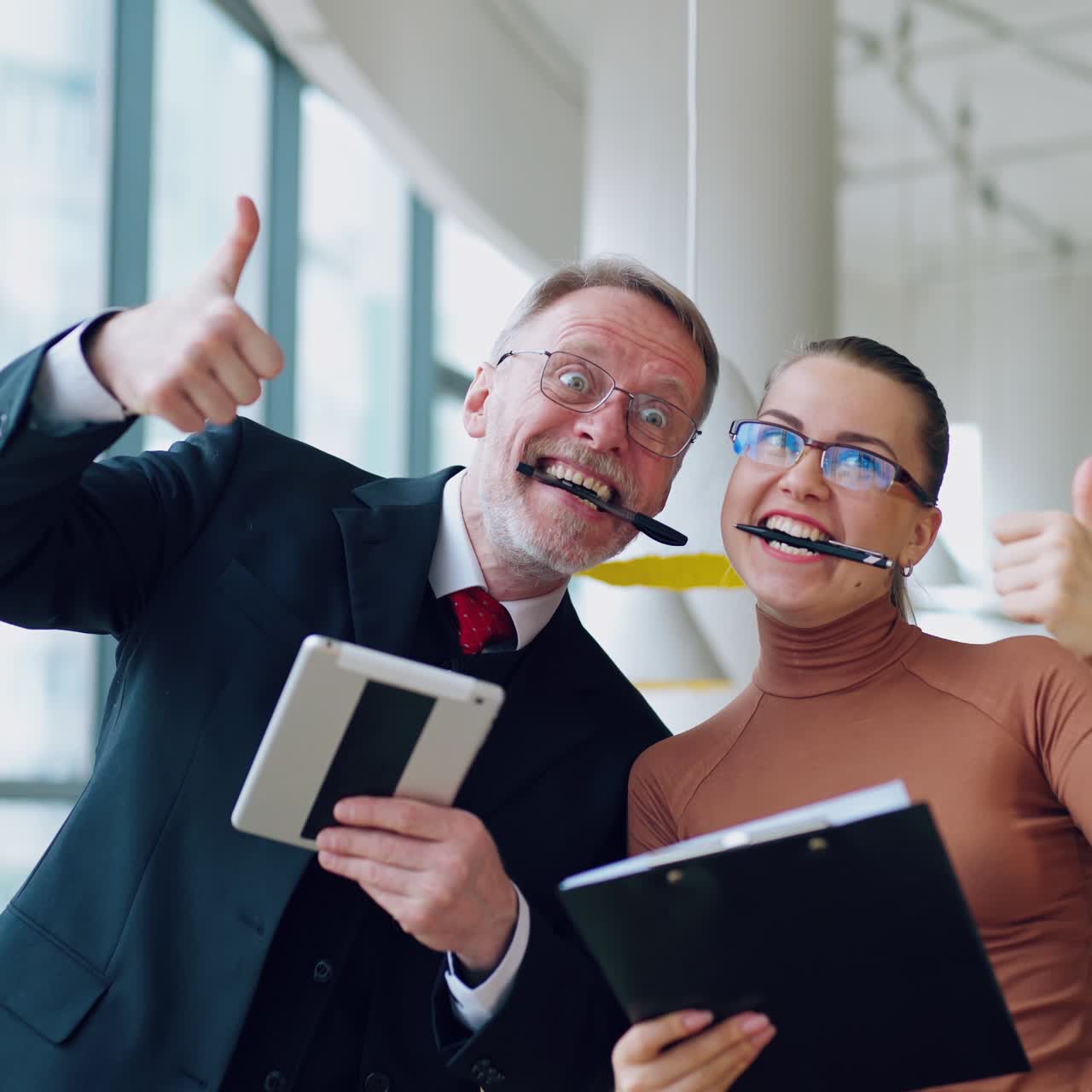 Smiling mature man and young woman in office. Happy businessman and secretary holding pens in mouth and looking at camera.
