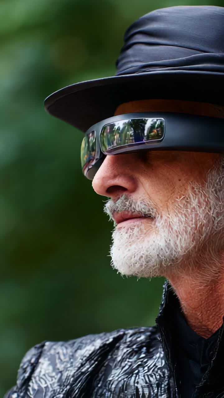 Captivating Portrait of an Elderly Man with a Unique Hat and Stylish Sunglasses Against a Lush Green Background, Showcasing Distinct Facial Features and Expression