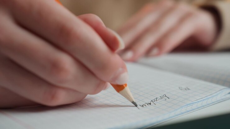 Closeup caucasian woman tutor correcting grammar exercises with pencil on grid paper, making small correction marks, steady hand, encouraging coaching vibe, home classroom corner, warm natural light