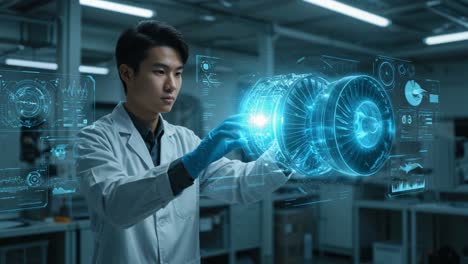 innovative engineer analyzes advanced engine technology using augmented reality interface and data visualization in a high-tech laboratory environment